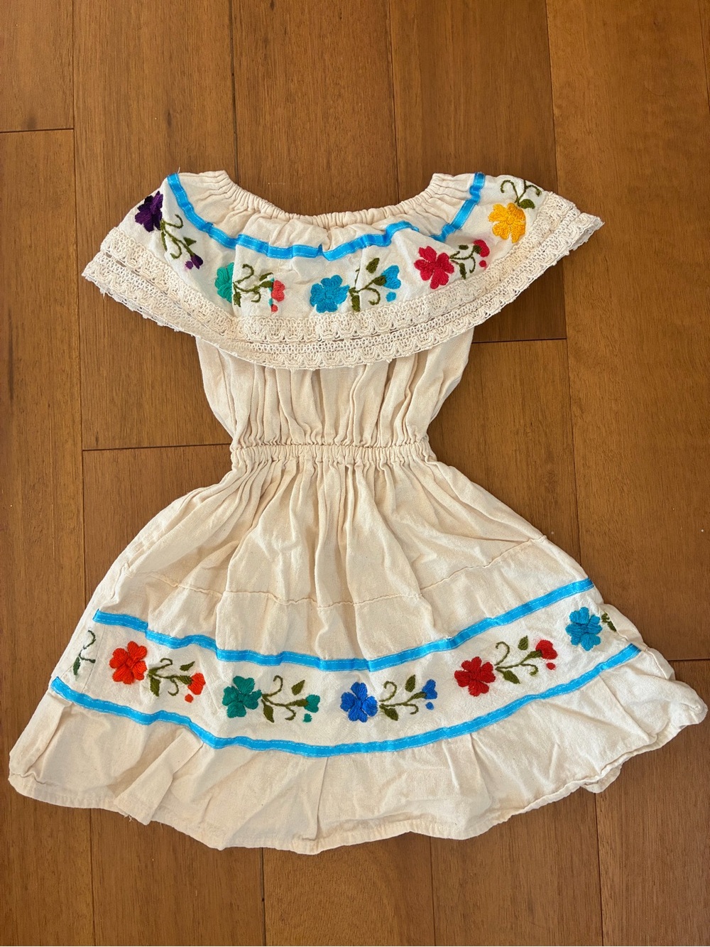 Cream Embroidered Floral Girls Off-Shoulder Dress